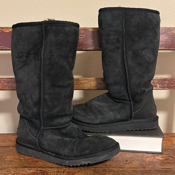 UGG Black Tall Classic Knee Boots Shearling Suede Leather Fleece Lined - Picture 15 of 15